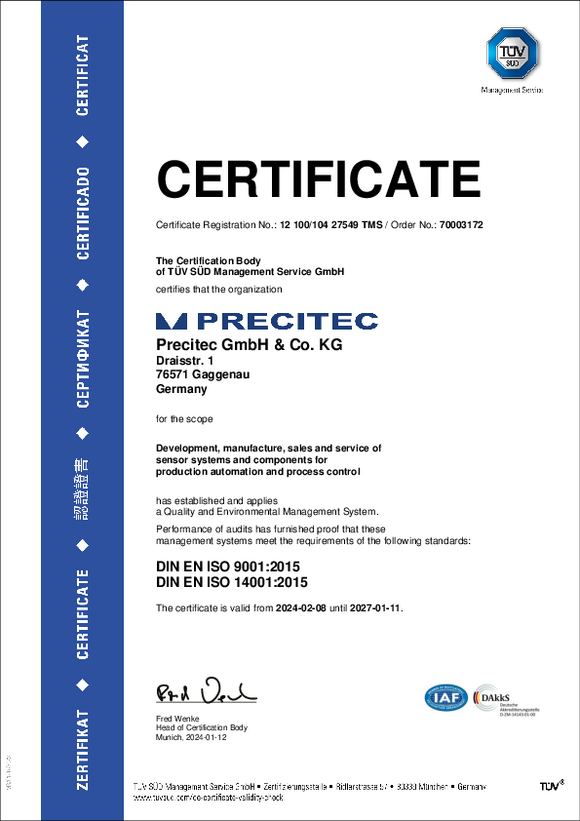 Precitec GmbH & Co. KG 公司的 ISO9001 证书