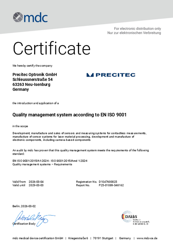 ISO 9001 证书 计量学 Precitec Optronik GmbH(英文版)