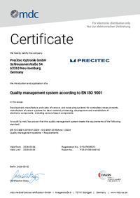 ISO 9001 证书 计量学 Precitec Optronik GmbH（英文版）